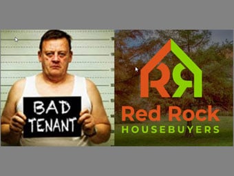 A man holding up a sign that says bad tenant and red rock house buye